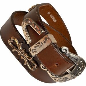 Vintage Brighton 1993 USA Made Brown Leather Belt Silver Western Hardware M Boho